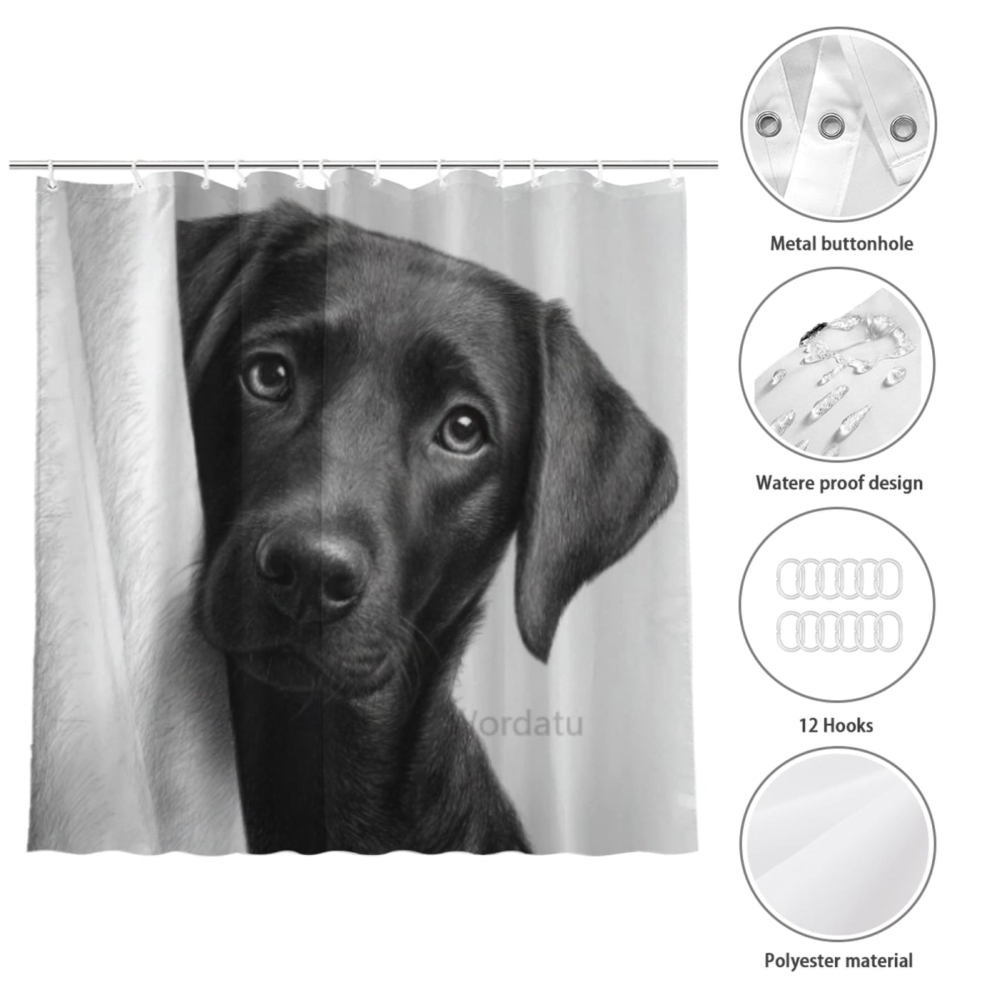 Wordatu Black Labrador Dog Shower Curtain Bathroom Set 72x72 Inches Taking a Bubble Bath Animal Bath Animal Pet Dog Art Home Decor 12 Hooks