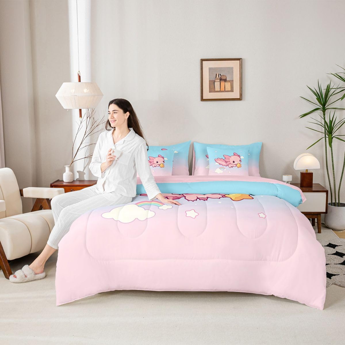 Erosebridal Teen Girl Cute Axolotl Twin Size Bedding Set Kids Pink Blue Princess 7 Pieces Comforter Set with Sheets Cartoon Rainbow Cloud Bed in a Bag Cute Ocean Marine Life Bed Sets