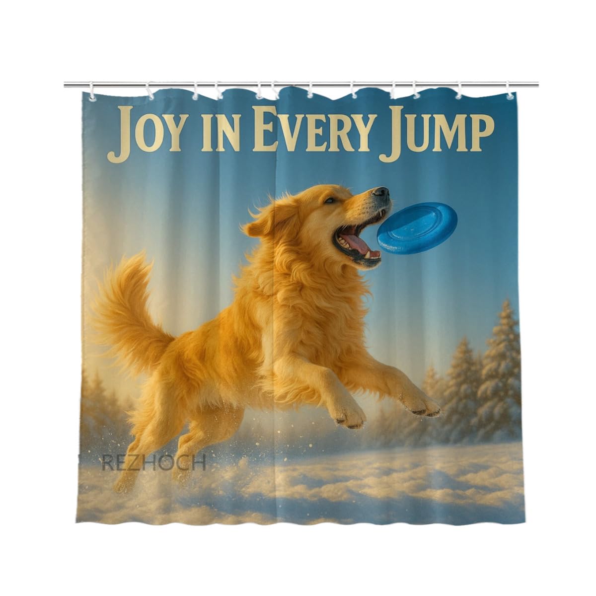 REZHOCH Golden Retriever Jump Shower Curtain Durable Waterproof Fabric Bathtub Sets Funny Animal Winter Snowy Frisbee Bathroom Home Decor Decoration 72x72inch with 12 Hooks