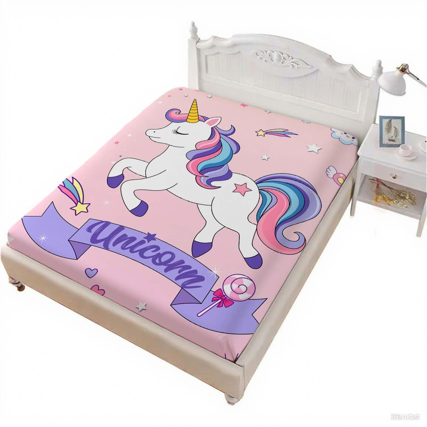 MUSOLEI Unicorn Sheet Unicorn Fitted Sheets Rainbow Bed Set Kids Sheets Kids Bedding Girl Bedding Girl bedset 1 Fitted Sheet with 1 Pillowcase （Twin）