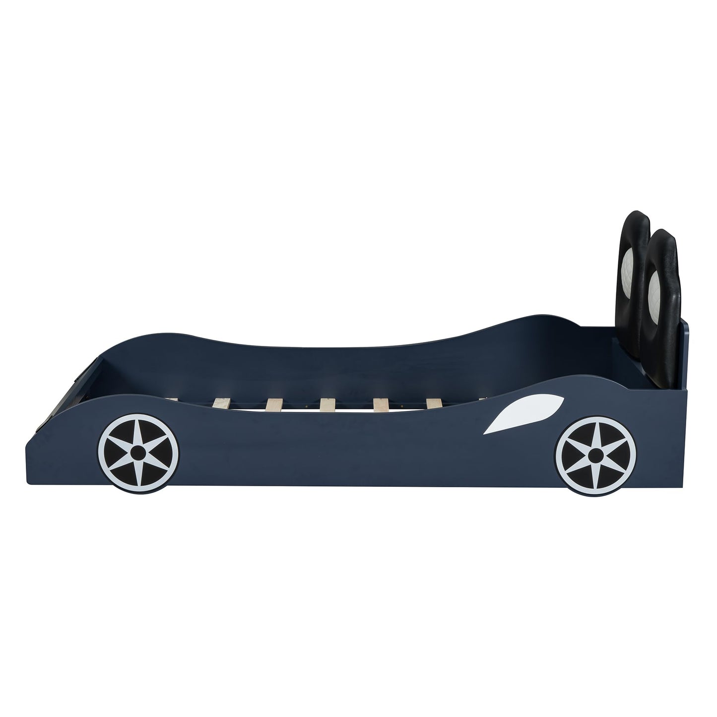 Bellemave Wood Twin Size Race Car-Shaped Platform Bed with LED and Upholstered Backrest, Platform Bed Frame with Race Car-Shaped and Safety Guardrails (Blue)