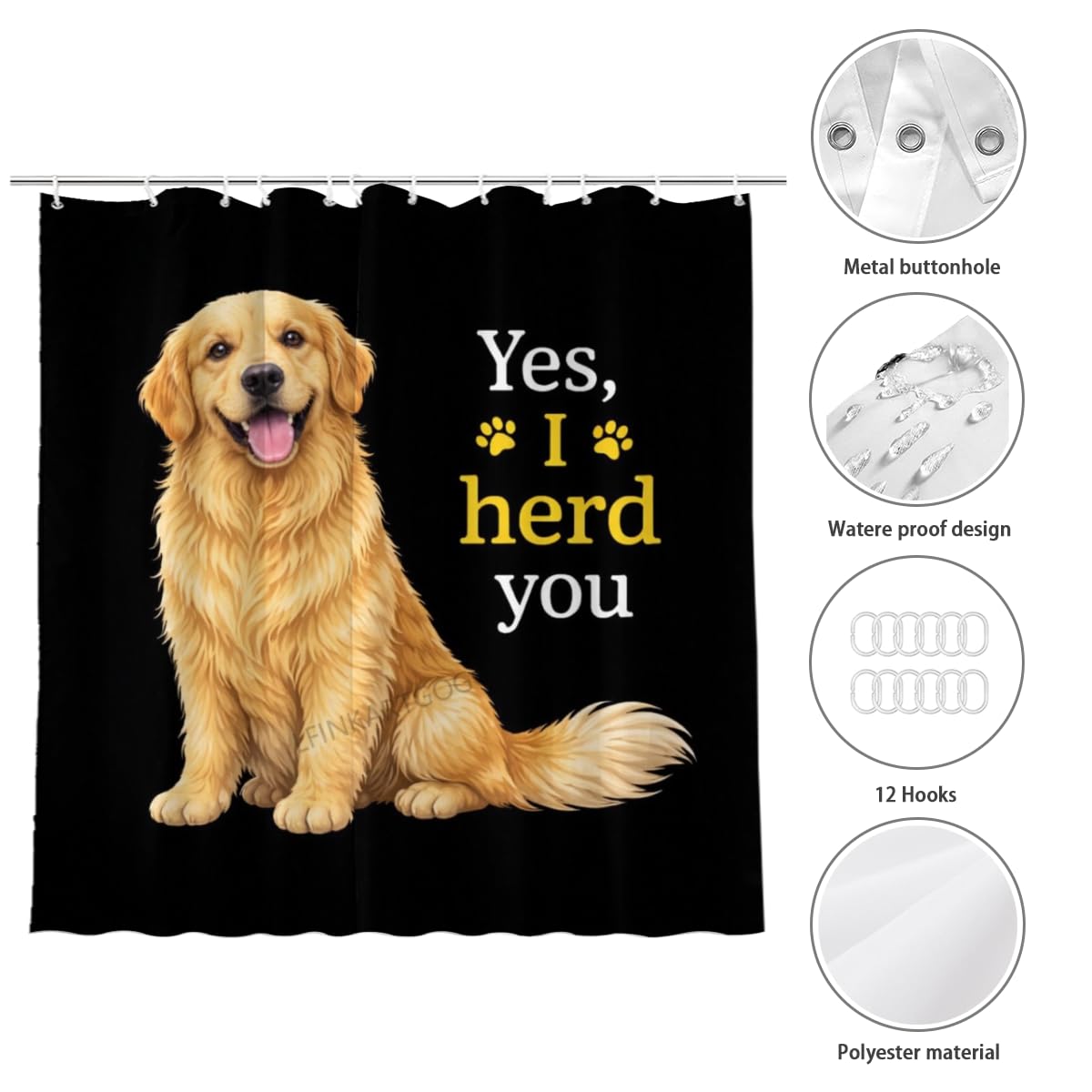 LFINKARTGOGO Funny Golden Retriever Shower Curtain 72x72 Inch with 12 Hooks Dog Lover Bathroom Decor Yes I Herd You Black Background Waterproof Washable Polyester
