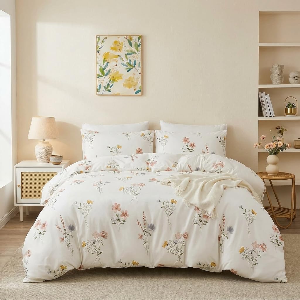 Cozaline 100% Cotton Duvet Cover Set Queen – Pink Watercolor Wildflower Meadow Bedding Set 3 Pieces, Lightweight Ultra Soft Comforter Cover with Zipper Closure, Soft Pastel Botanical Bed Set