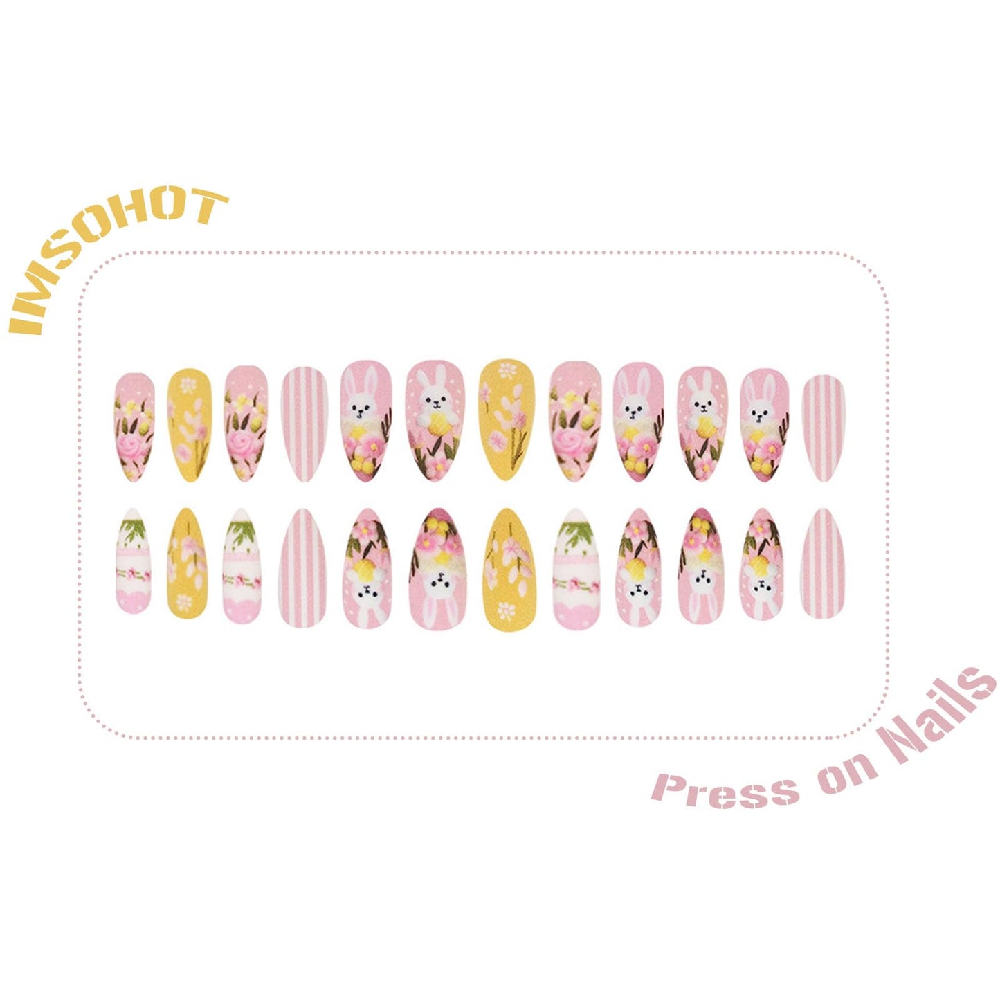 IMSOHOT Easter Press on Nails Medium Almond Fake Nails with Pink Flower & Cute Rabbit Design Pink Yellow Matte Full Cover False Nails Glue on Nails for Women Girls 24Pcs