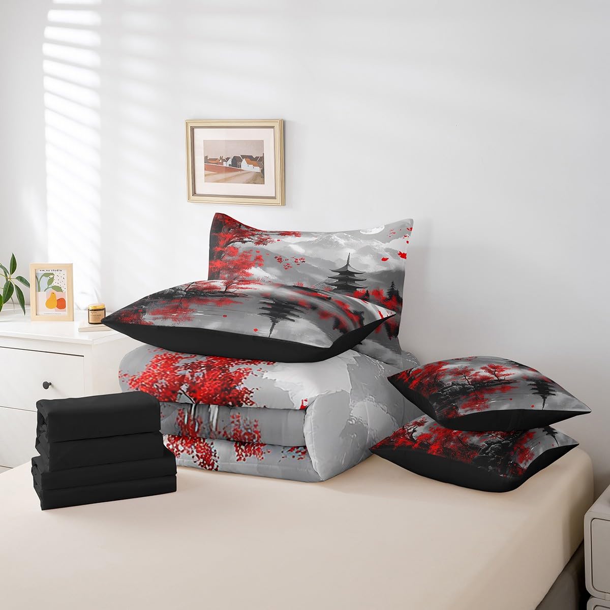 Erosebridal Red Cherry Blossom Queen Comforter Set with Sheets,Japanese Style Bedding Set for Kids Adults,Mountain Scene Bed Set Oriental Aesthetic Bed in a Bag with Fitted+Flat Sheet,Pillowcases