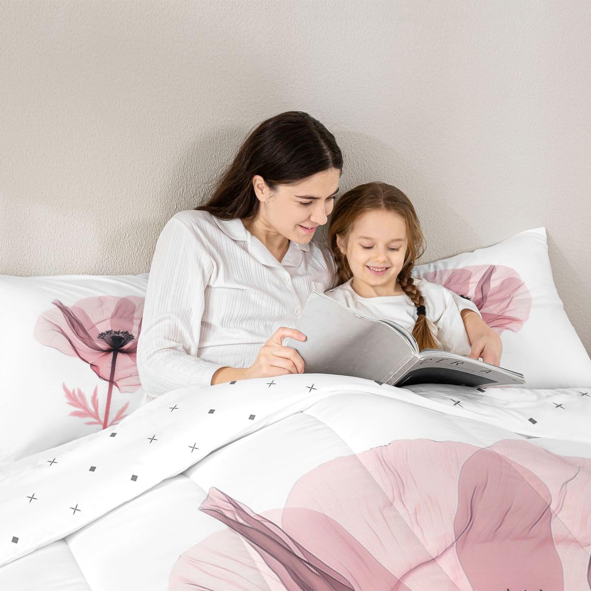 jejeloiu Abstract Flowers Bedding Set Soft for Boys Girls, Modern Art Comforter Set Toddler Size Pink Floral Duvet Quilt Microfiber Bedroom Decor 2 Pcs with 1 Pillow Cases