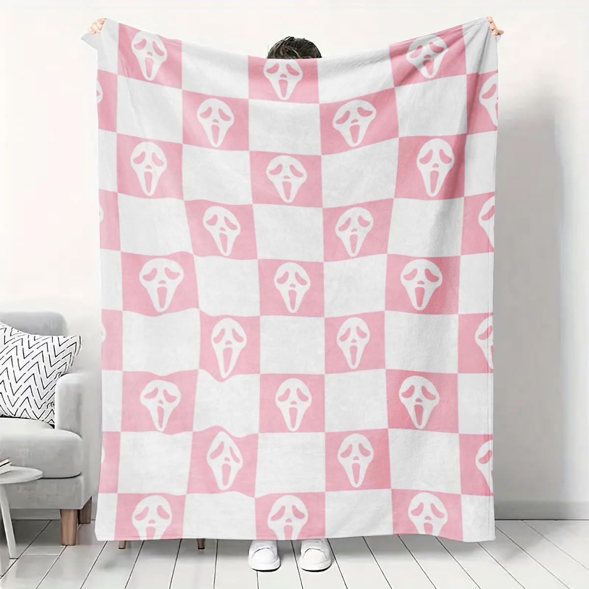 Halloween Spooky Face Throw Blanket, Pink and White Checkered Pattern, Halloween Ghost Blankets Fuzzy Gifts for Sofa Couch Bedroom (80" x 60")