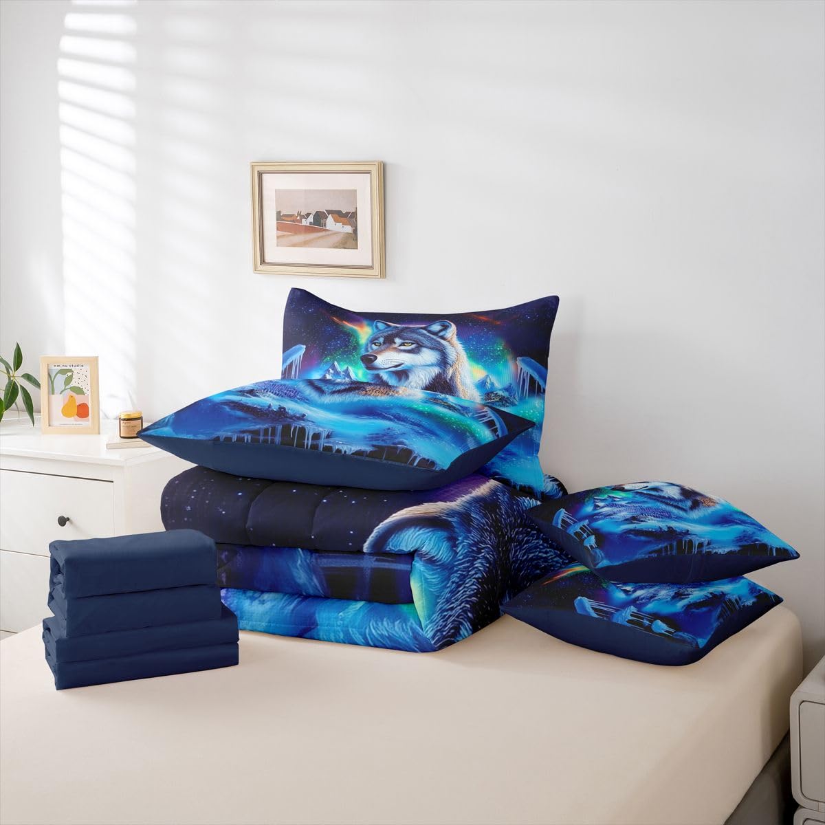 Feelyou Wolf Comforter Set with Sheets 7 Piece Queen Size Wolves Howling Bedding Set for Kids Boys Girls Western Farmhouse Bed in a Bag Wild Animal Room Decor Soft Microfiber