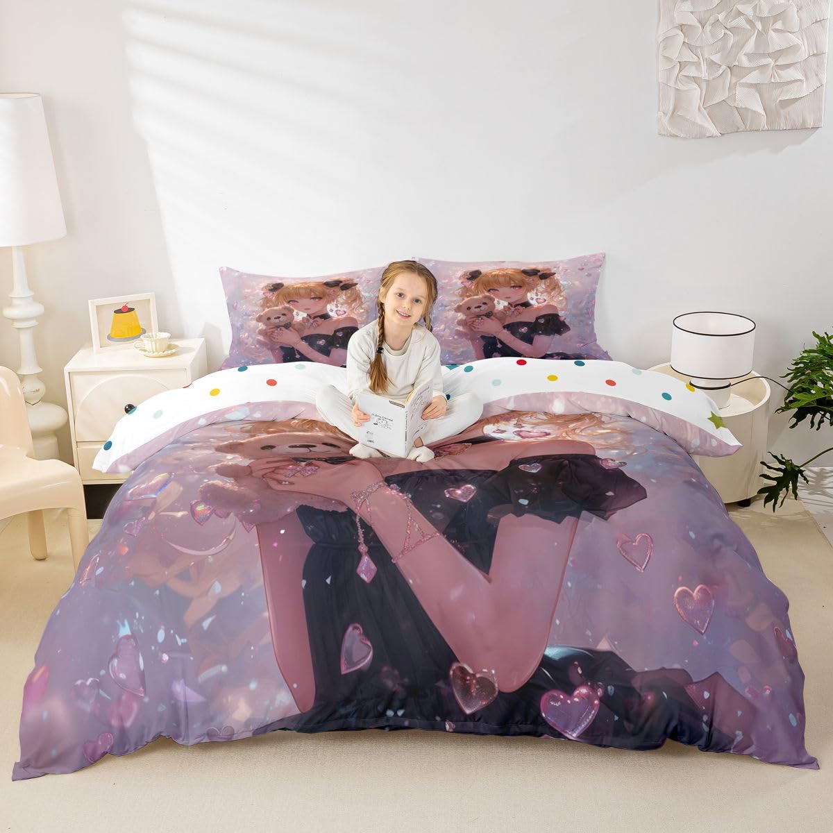 Erosebridal Bow Girls Twin Down Comforter Pink Kawaii Cartoon Anime Kids Comforter Set with 1 Pillow Case,Romantic Aesthetic Princess Bedding Set Japanese Style Girl Bed Set