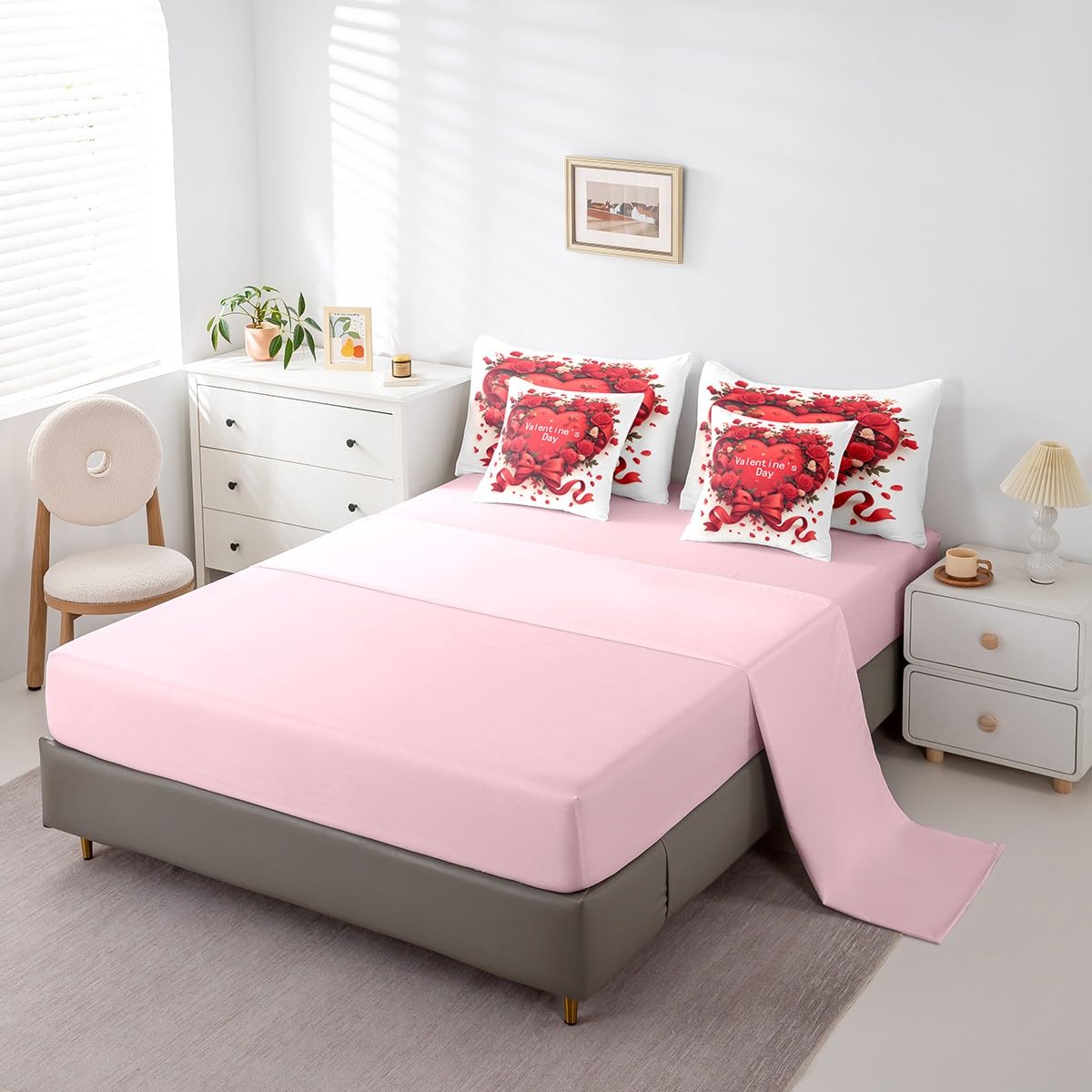 Feelyou Kids Valentine's Day Comforter Set with Sheets Queen Size, Rose 7 Pieces Bedding Set Boys Girls Romantic Bed in A Bag Red Heart Teens Bed Set Bedroom Decor 7Pcs