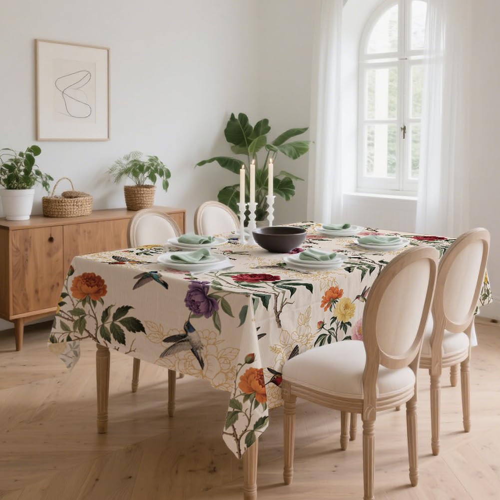 ANATTASOUL Hummingbird and Peony Rectangle Table Cloth Waterproof 6ft Fall Spring Summer Tablecloth, 84"x60" Stain Resistant and Wrinkle Free Table Cover for Dining Party Buffet Camping Wedding