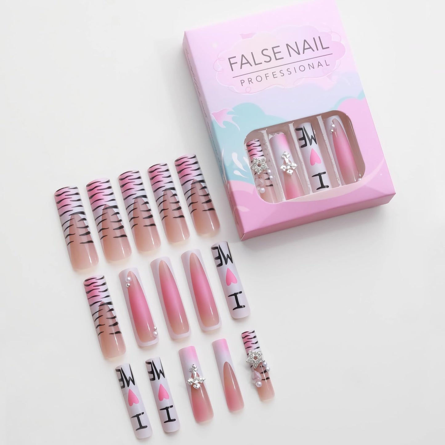 MISUD Press on Nails - Extra Long Square Fake Nails with Pink White, Acrylic Y2K Charms Design 24 pcs