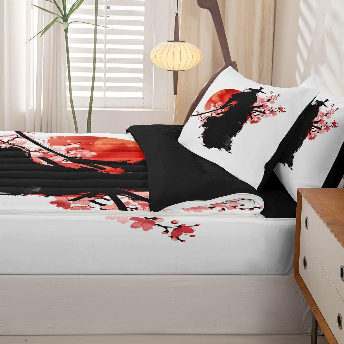 Erosebridal Samurai Zip Up Bedding Comforter Sets Twin Size, Red Sun Japanese Comforter in One Zipper - Japan Warrior Bedding Set with Pillowcases