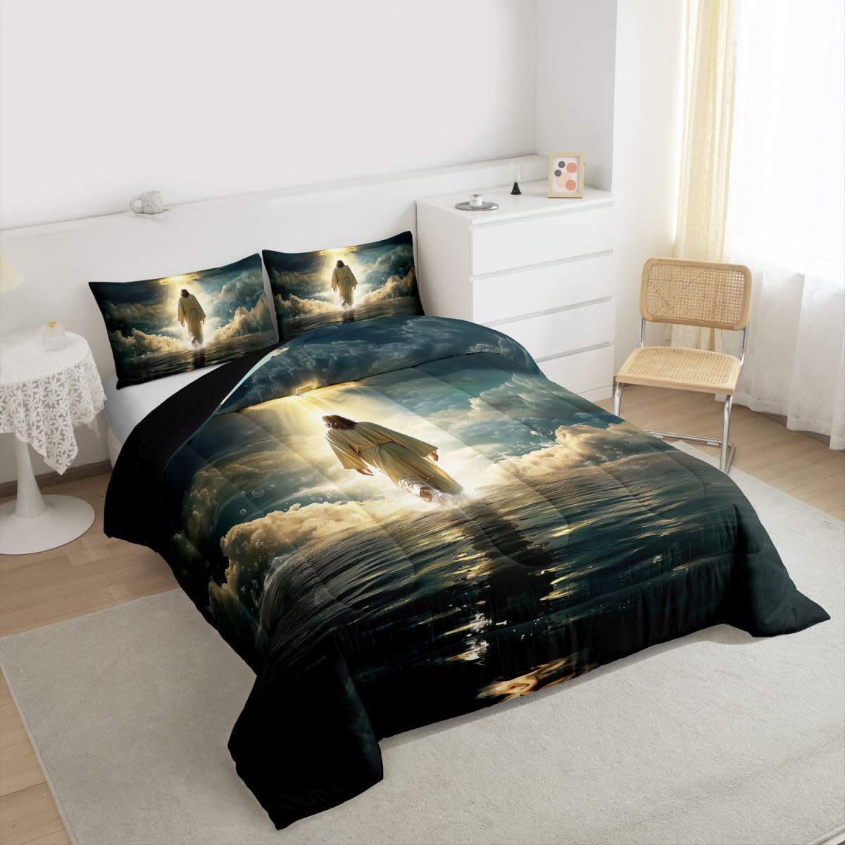 God Walking on Water Girls Bedding Set Twin Size,Western Faith Bible Verse Comforter Set,Spiritual Blue Ocean Quilt Comforter Girls Boys Teens,Golden Dark Blue Room Decor All Season,1 Pillowcase