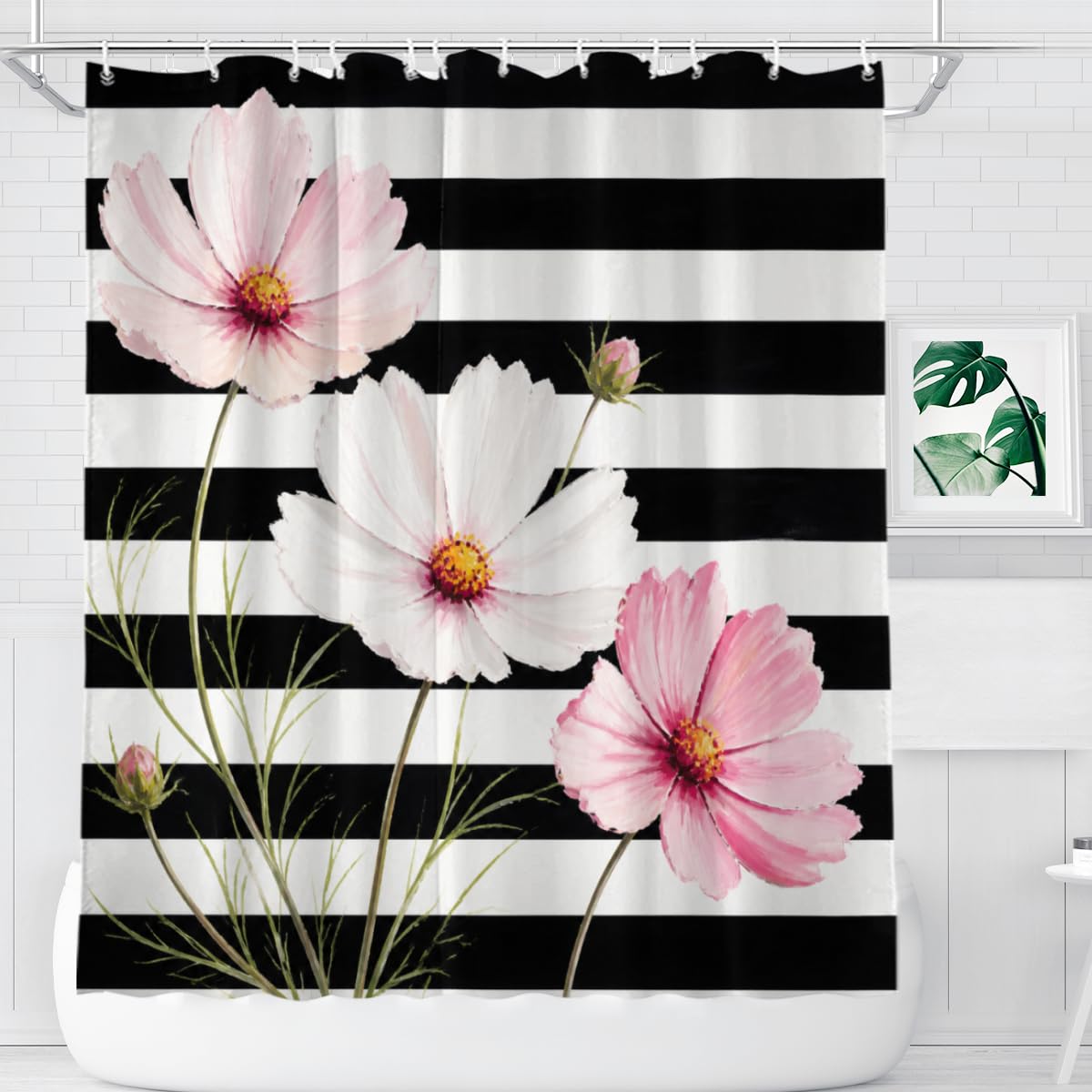 TopPacific Cosmos Flower Stripe Shower Curtain 72x72 Inch Shower Curtain with 12 Hooks Polyester Pink Cosmos Flowers Green Stems Black White Stripes Bathroom Decor