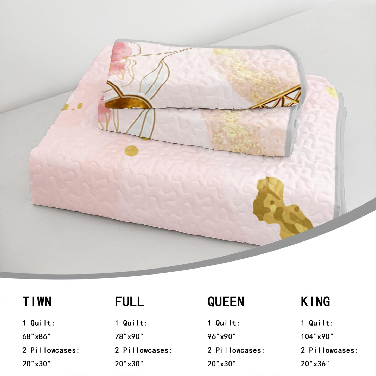 AILONEN Paris Eiffel Tower Bedding Soft Quilt Set King Size,Tie Dye Flower Pink Bedspread Coverlet,3 Piecespink and Gold Watercolor Quilt & 2 Pillowcases