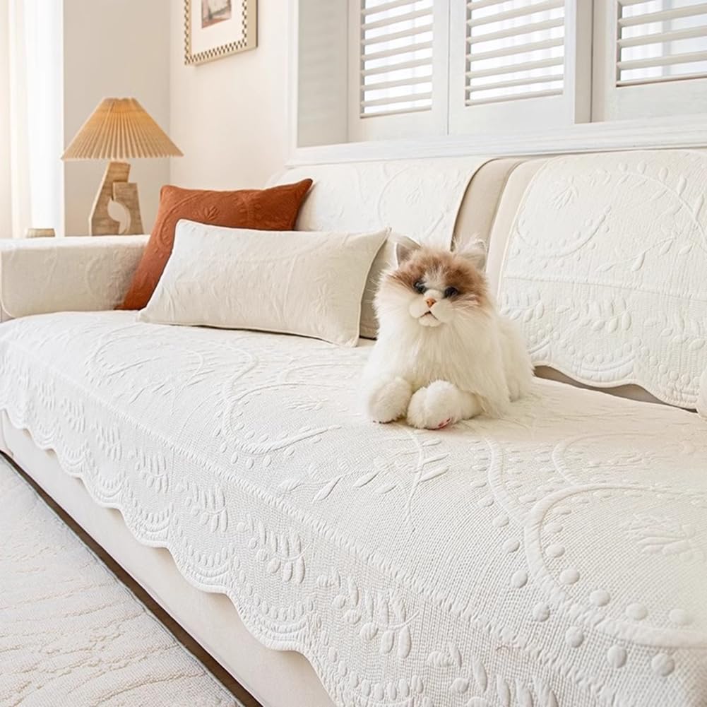 XSlive Leaf Floral Cotton Quilted Dog Couch Cover for Sofa Farmhouse Rustic Embroidered Sectional Couch Cover Soft Anti-Slip Sofa Slipcover Furniture Protector for Kids, Pets (White,28"x28")