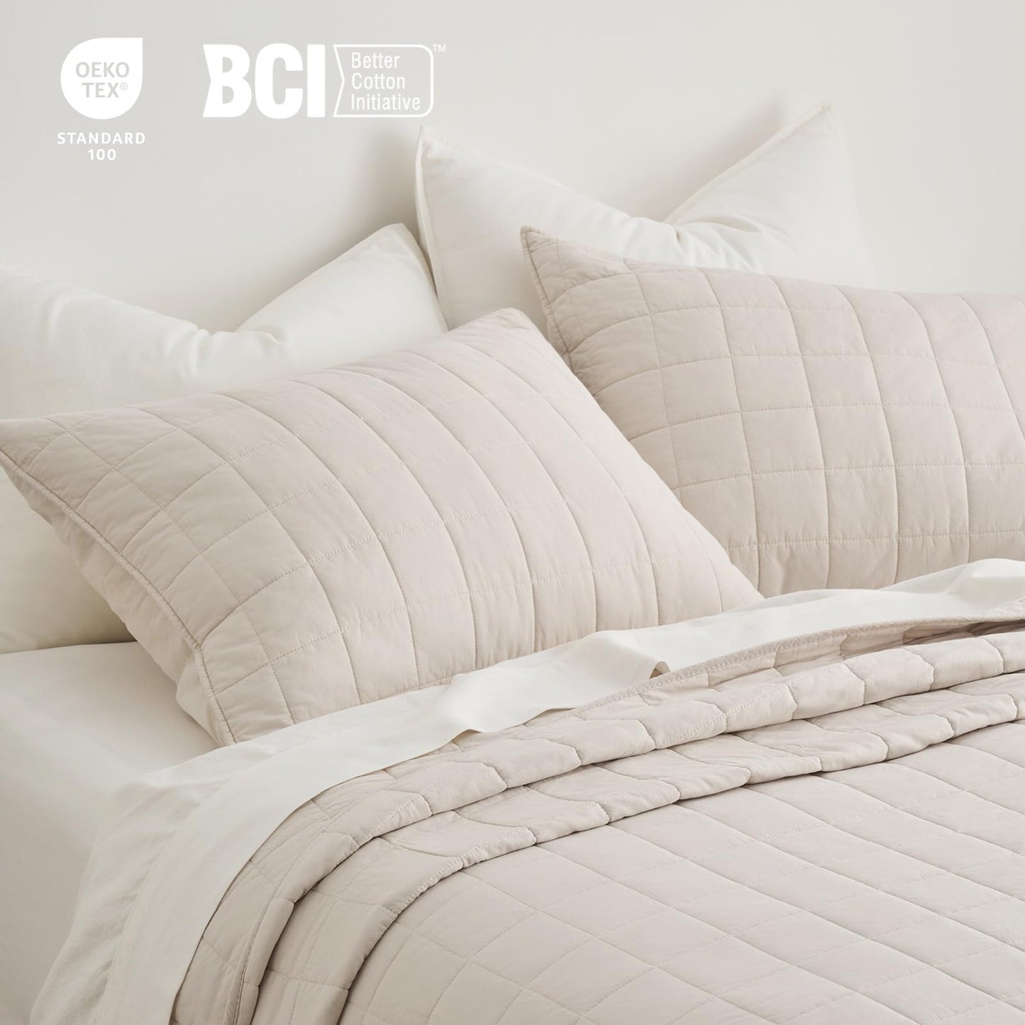 EVERGRACEHOME 100% Cotton Box Stitch Quilt Bedding Set King Size 3 Pieces, Garment-Washed Lightweight Soft Cozy Coverlet, Oversized Quilted Bedspread Sets with 2 Shams for All Season, Birch