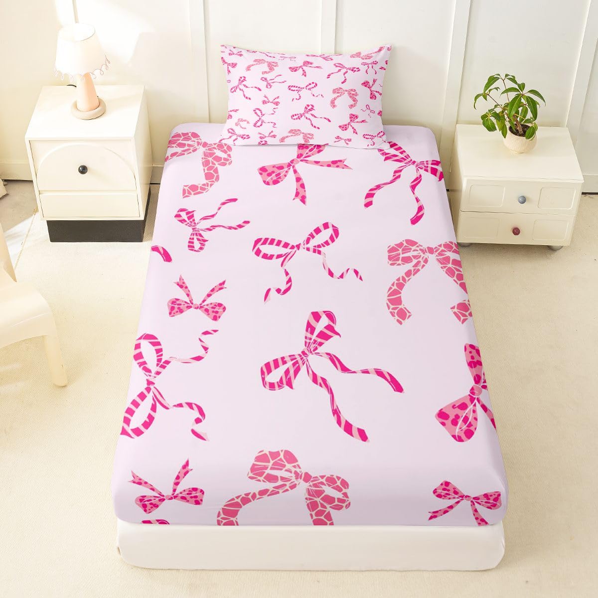 jejeloiu Pink Leopard Bow Fitted Sheet with 1 Pillowcase Twin Size Leopard Print Bowknot Bed Sheets Set 16" Deep Pocket Boys Girls Cute Ribbon Bowknot Bedding Teens Bedroom Decor Breathable
