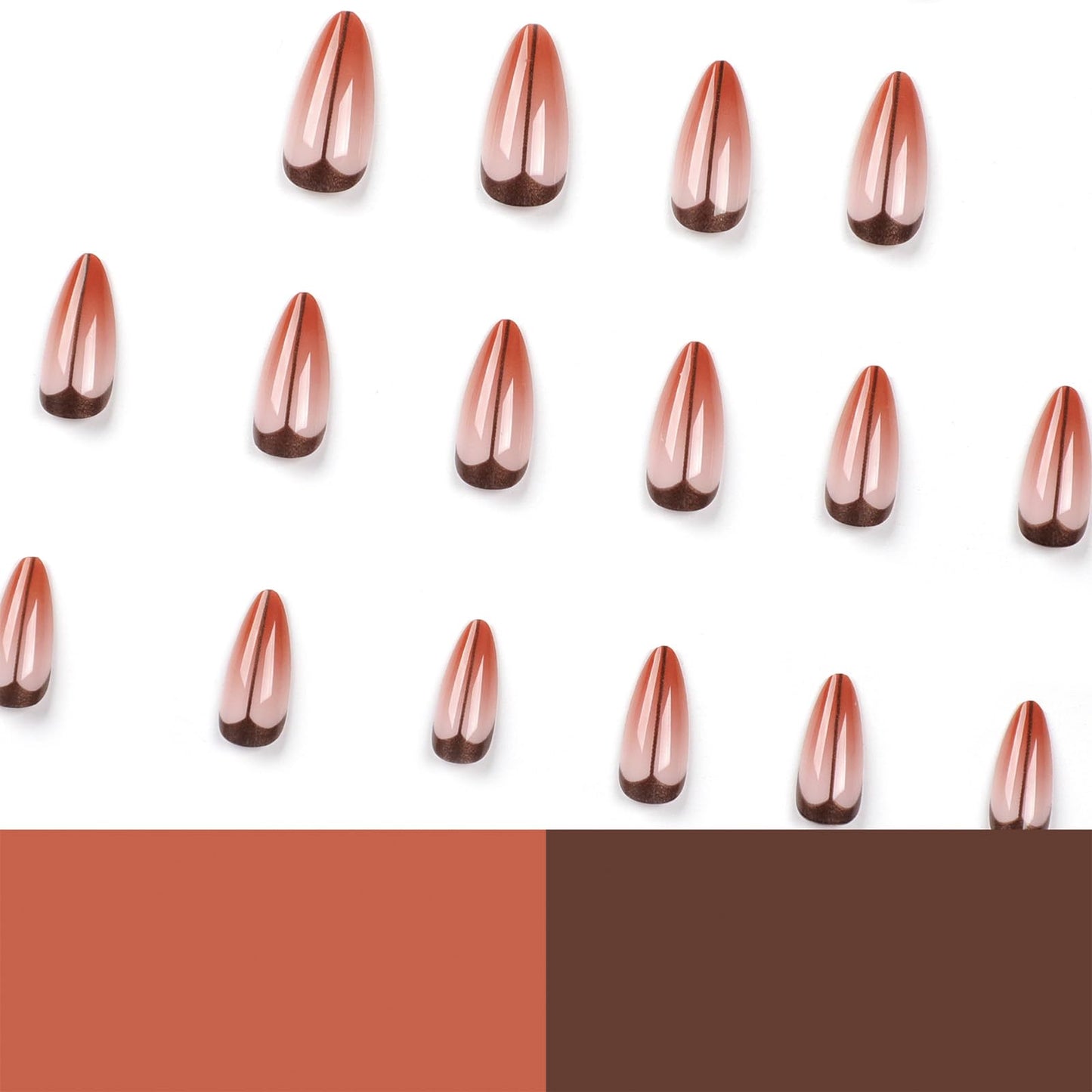 SINHOT Long Stiletto Press on Nails French Tip Almond Fake Nails Glossy Glue on Nails Brown Gradient Acrylic Nail Artificial Nail Black Line Stick on False Nail with Design 24 pcs