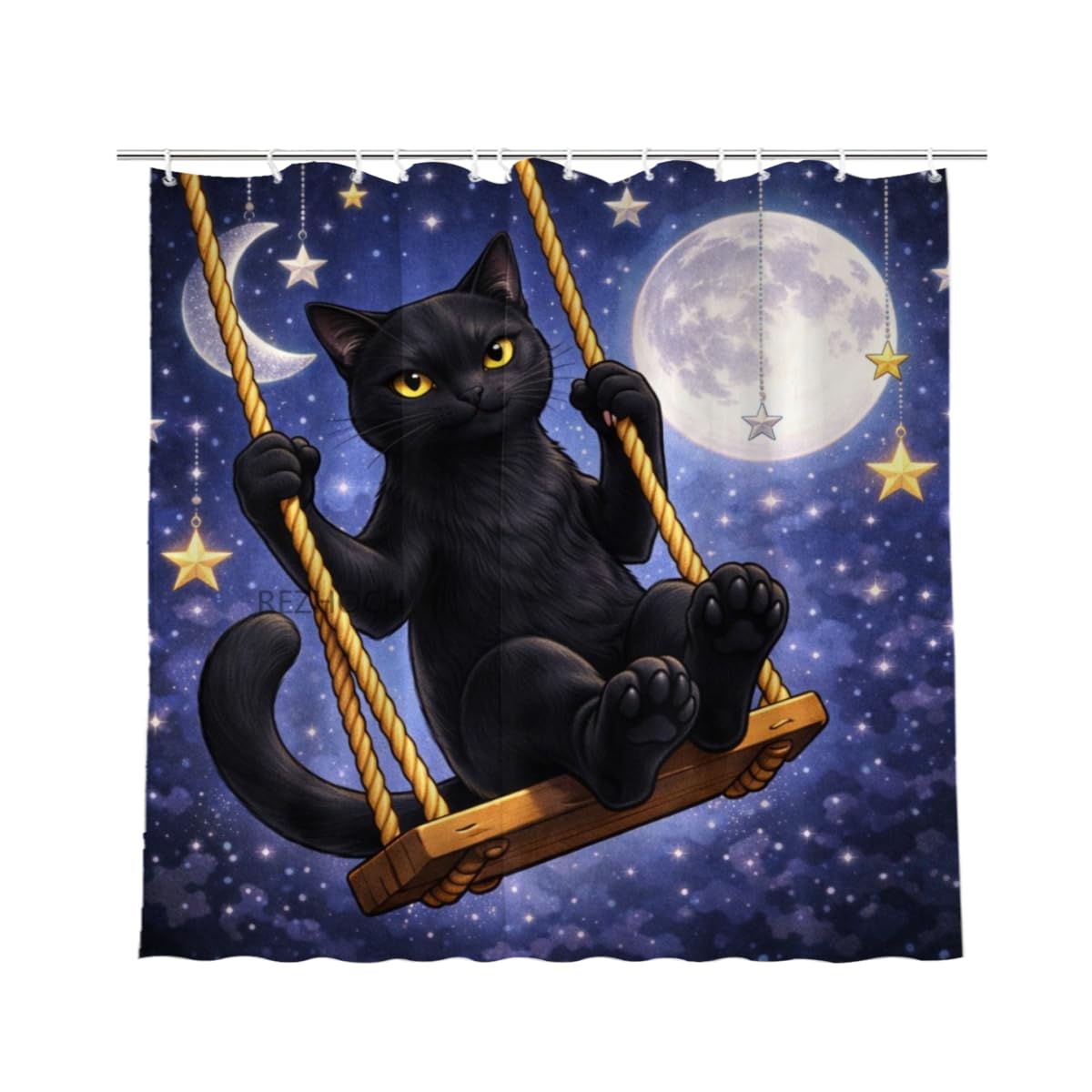 REZHOCH Funny Black Cat Shower Curtain 72x72 Inch,Cute Animal on Swing,Nature Scenery Floral Home Bathroom Decor,Waterproof Fabric Country Farmhouse Flowers Bath Set with Hooks