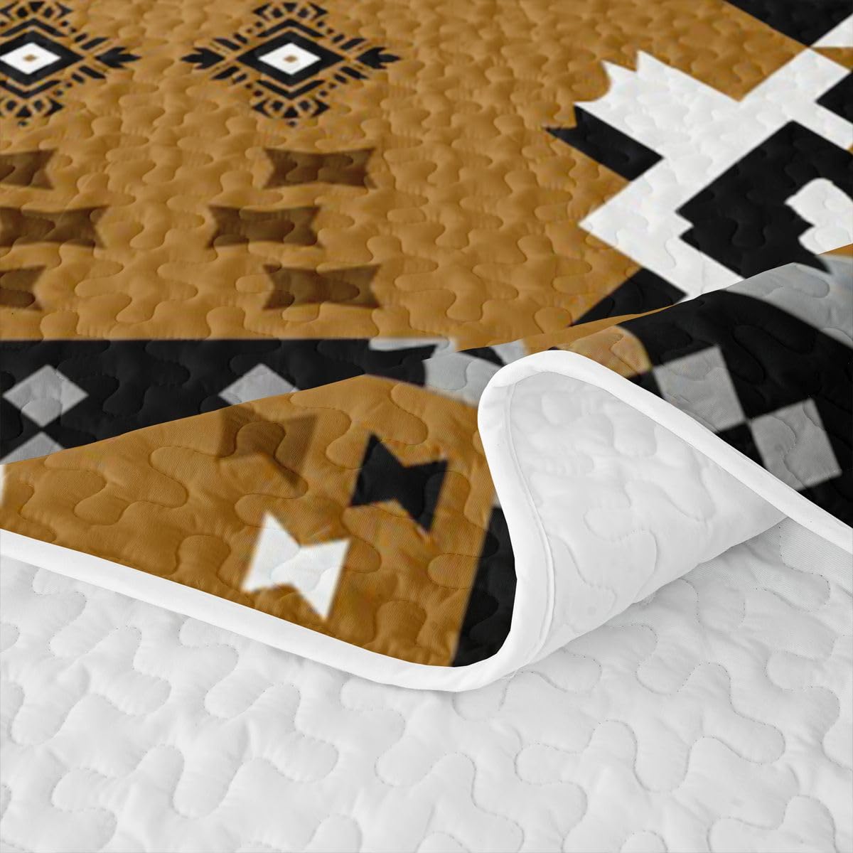 Caramel Tan Southwestern Kids Queen Quilt Bedding Set,Soft Bedspread Coverlet Quilted Blanket,Aztec Tribal Black White Geometric 3 Piece Quilted Bedding for Boys Girls Teens Quilted Comforter