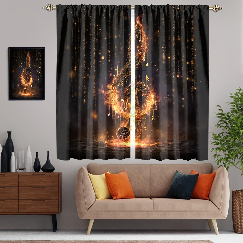 XSUPFLYM Vintage Elegant Music Note Blackout Curtain for Living Room Modern Retro Mid Century Musical Theme Notes Print Thermal Insulated Curtain for Bedroom 2 Panels Each