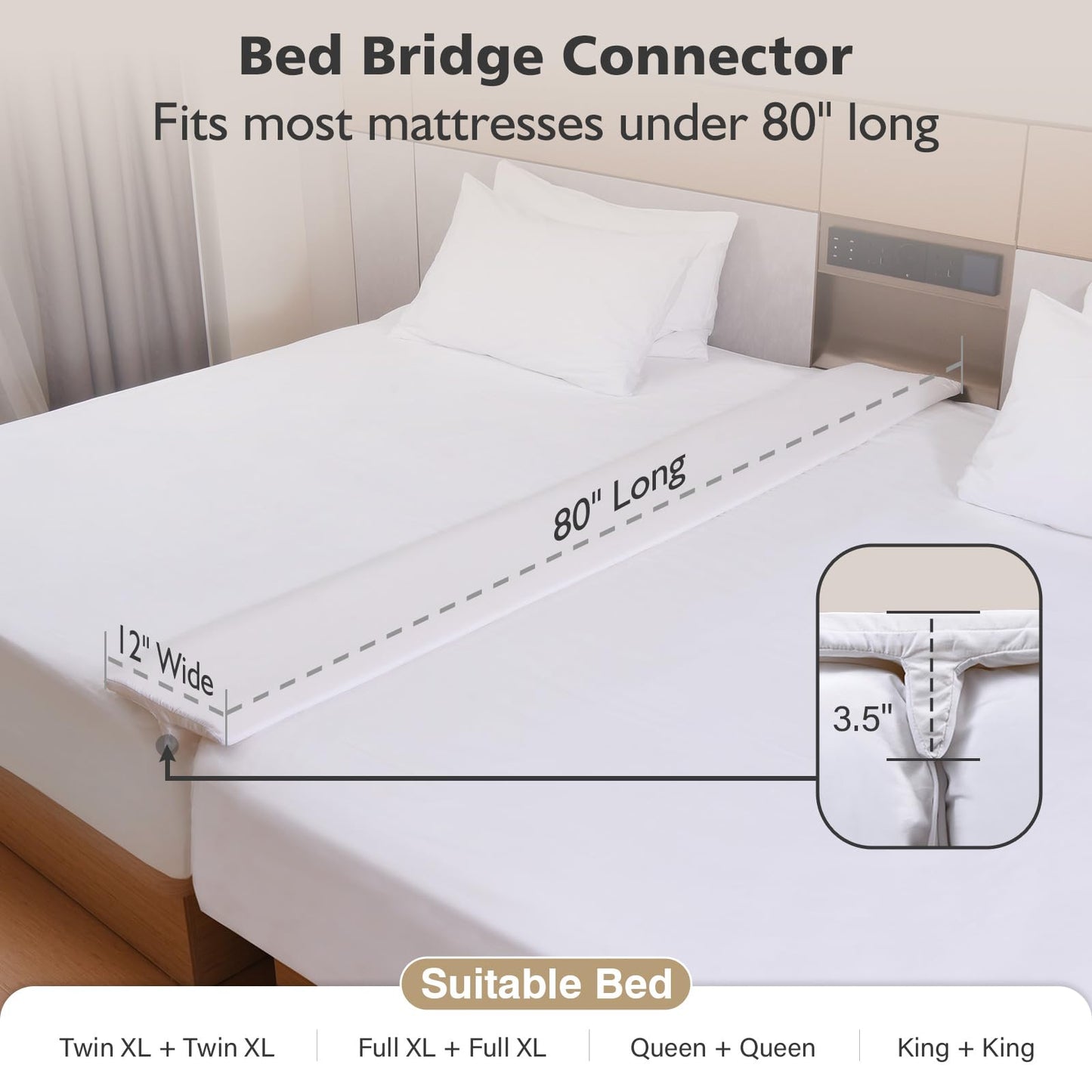 Vekkia 80" x 12" Extra Wide Bed Bridge Twin to King - Split King Gap Filler, High-Density Foam, Washable Cover, Fills Up to 3″ Gap, Fits Family Beds, Guest Room, Hotel & Vacation Rentals