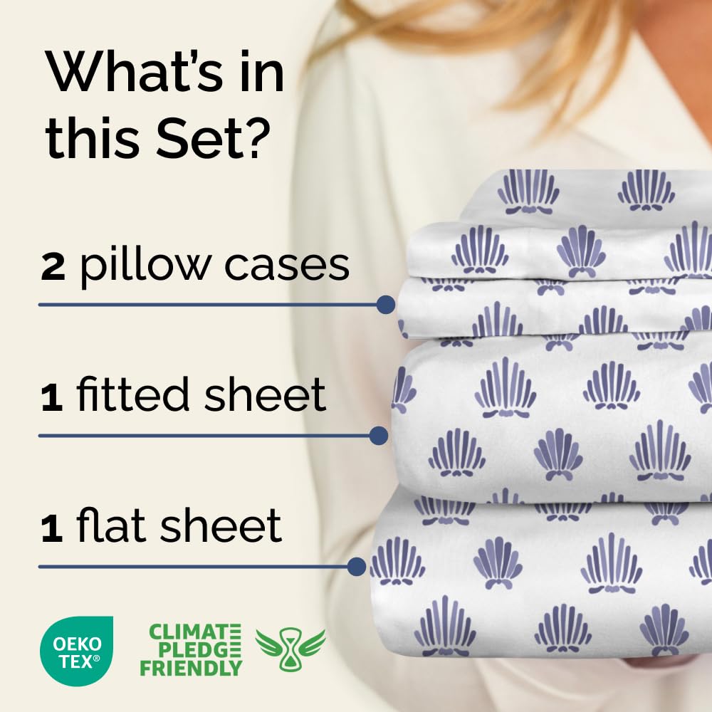 Coastal Bed Sheets - 1 Flat & 1 Fitted Sheet & 2 Pillowcases w/ Deep Pockets - Wrinkle & Fade Free Beach Themed Bed Set - Blue Sea Shell Bedding - Ultra-Soft, Breathable and Cooling - King Size