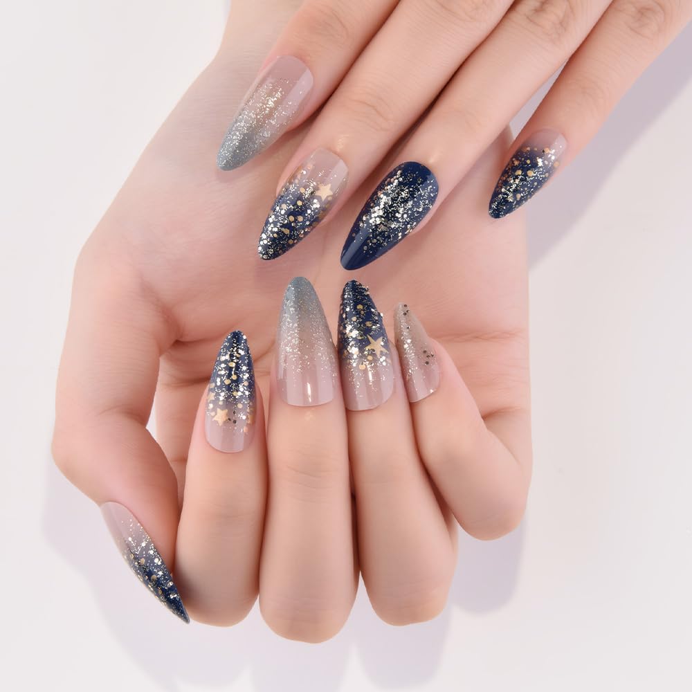 evpct Ombre Blue Press on Nails Medium Almond, Blue Fake Nails with 3D Stars Design, Reusable Perfect Fit Press ons Short False Nail for Women Manicure, Ombre Fake Nail Kit with Kits Gel Stick, 24Pcs
