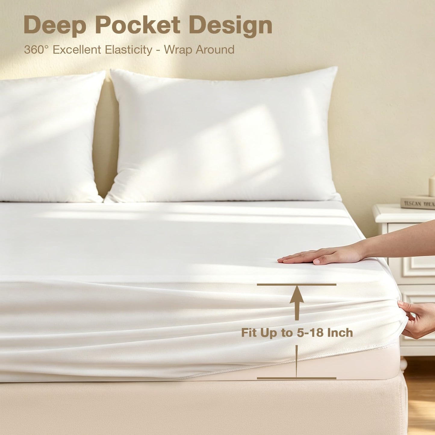 King Size Mattress Protector Waterproof- Washable Mattress Cover Fitted Bed Pad Noiseless Plastic Protection Up to 18” Mattress Protector Soft&Breathable（White）