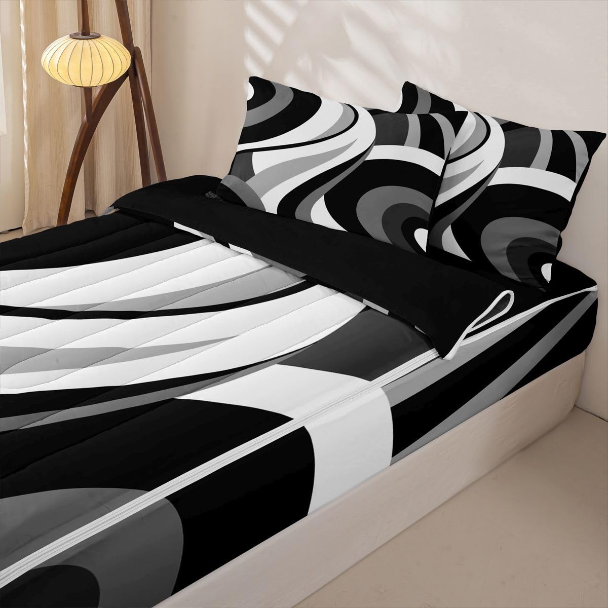 Erosebridal Gray Black White Spiral Zipper Comforter Set Twin for Adult Women Men Modern Swirls Stripes Abstract Bedding Set for Boho Bed in a Bag Graffiti Art Lines Zippered Quilt Fitted Sheet