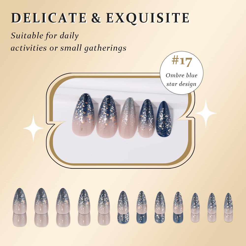 evpct Ombre Blue Press on Nails Medium Almond, Blue Fake Nails with 3D Stars Design, Reusable Perfect Fit Press ons Short False Nail for Women Manicure, Ombre Fake Nail Kit with Kits Gel Stick, 24Pcs