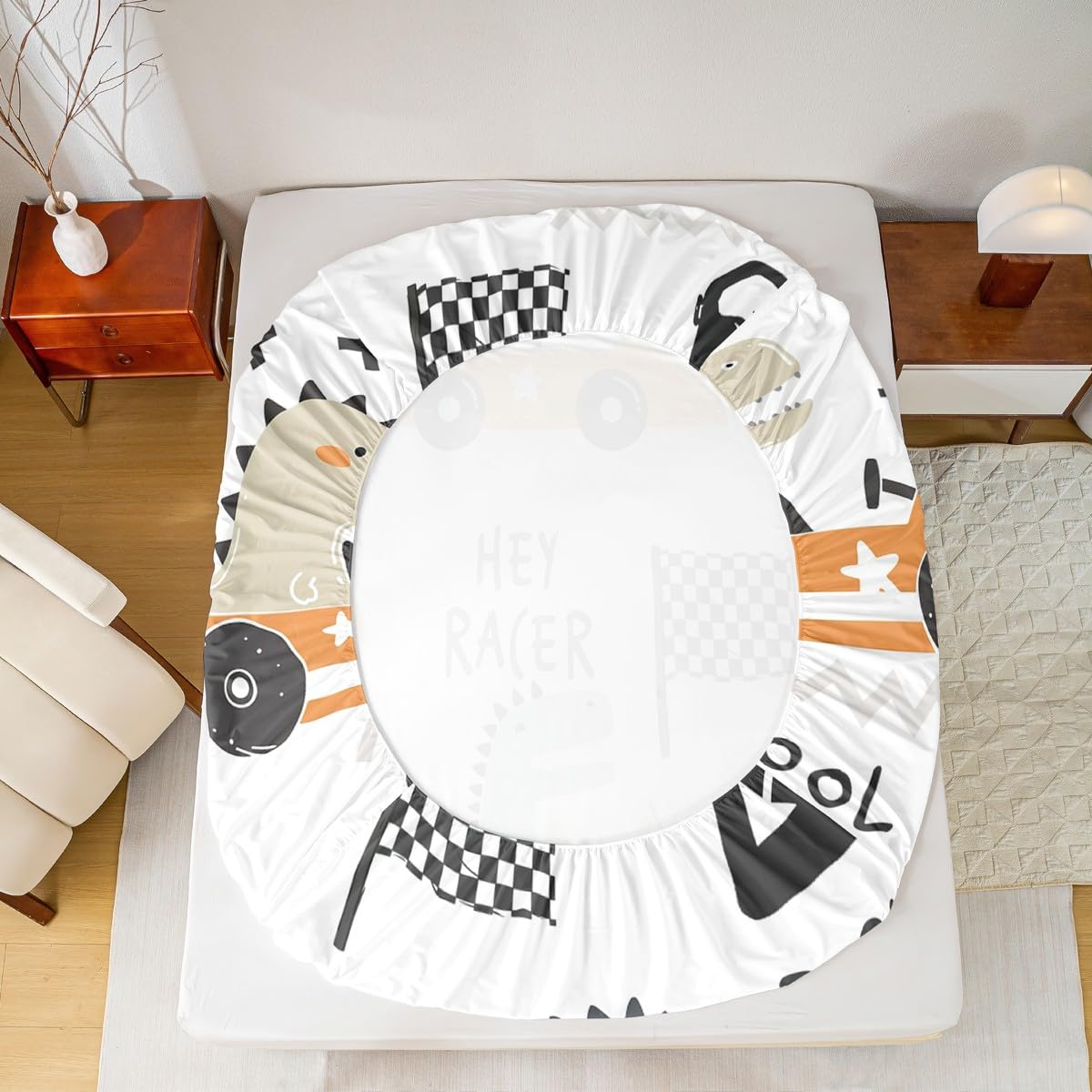 Cartton Car Kids Sheet Set Racing Sports Game Bed Sheets Set Decor Cute Dinosaur Racer Sheets with Deep Pocket Fitted Sheet Gift for Racing Lover White Blue Bedding Set Bedroom Quilt Cover 4Pcs Full