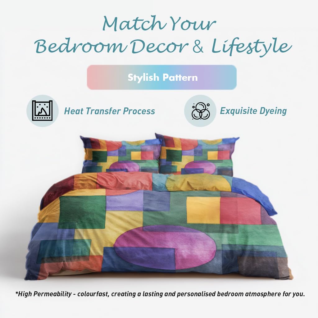 Colorful Geometric Queen Duvet Cover Set 3 Piece, Retro Abstract Art Reversible Bedding with 2 Pillow Shams, Zipper & Ties, Ultra Soft Microfiber, Geometric Bedroom Decorations 80A-T