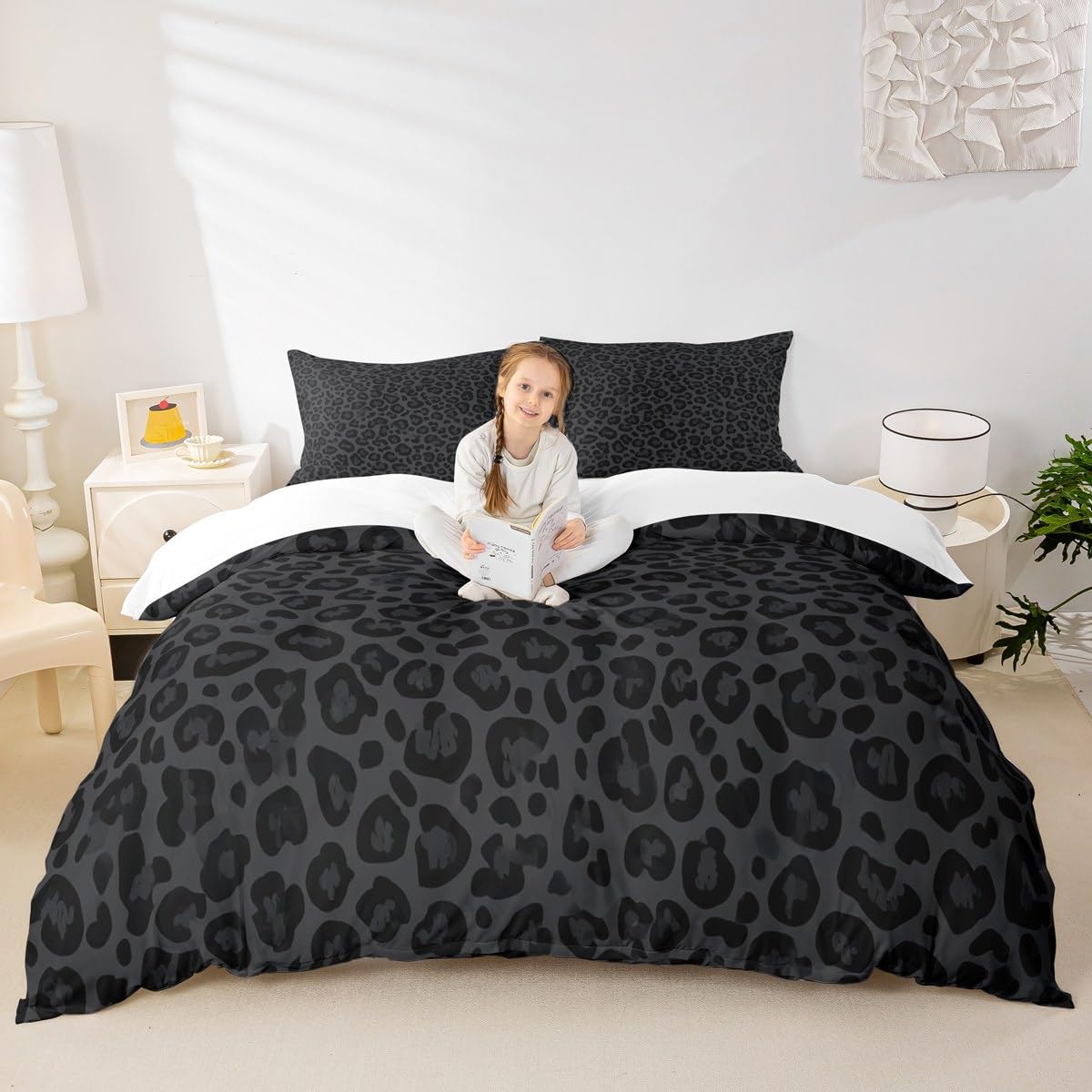 Leopard Print Kids Duvet Cover Set King Size,Abstract Cheetah Skin Texture Bedding Set,Girls Boys Women Room Decor,Rustic Farmhouse Retro Comforter Cover,Black Noble Quilt Cover,2 Pillowcases