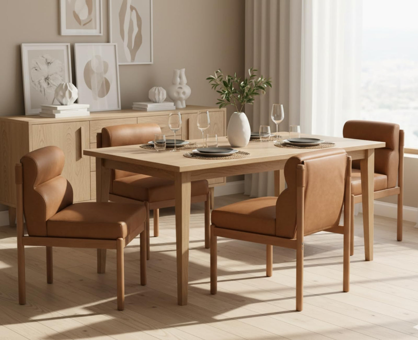 CIMOTA Modern Upholstered Dining Chairs Set of 2, Faux Leather Kitchen & Dining Room Chairs Boucle Armless Side Chairs with Curved Backrest/Solid Wood Legs, PU Brown