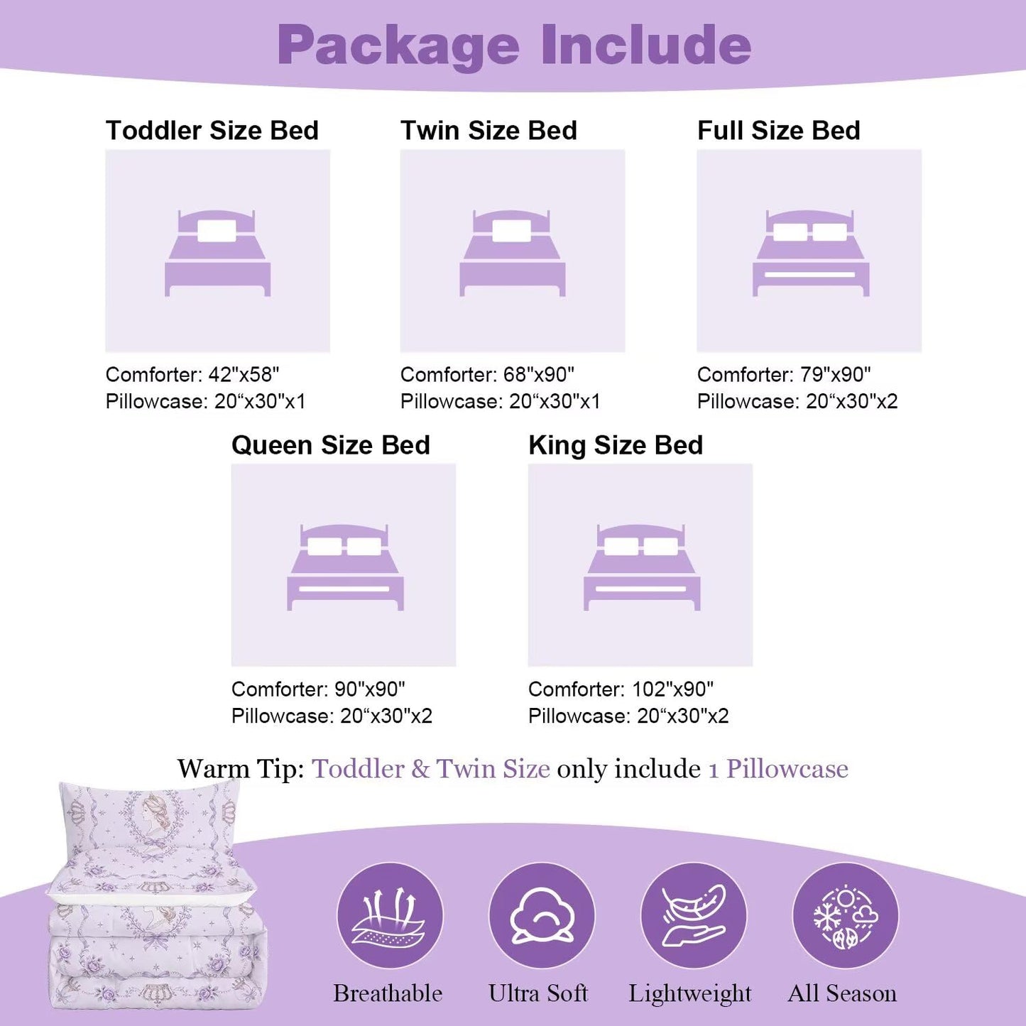 VTKON Purple Twin Princess Bedding Kids Quilt 1 Comforter + 1 Pillowcase