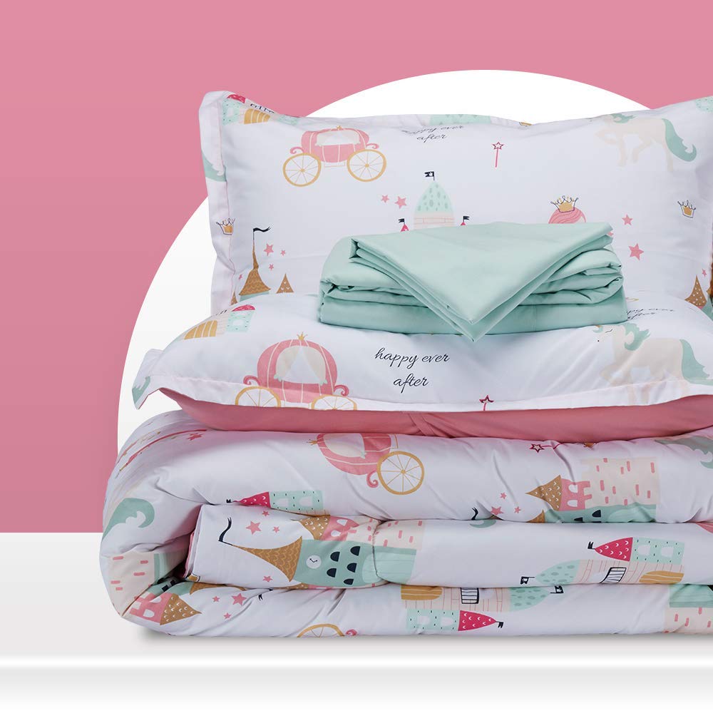 SLEEP ZONE Kids Twin Bedding Comforter Set - Super Cute & Soft Kids Bedding Bed in a Bag 5 Pieces Set with Comforter, Sheet, Pillowcase & Sham (Princess Castle)