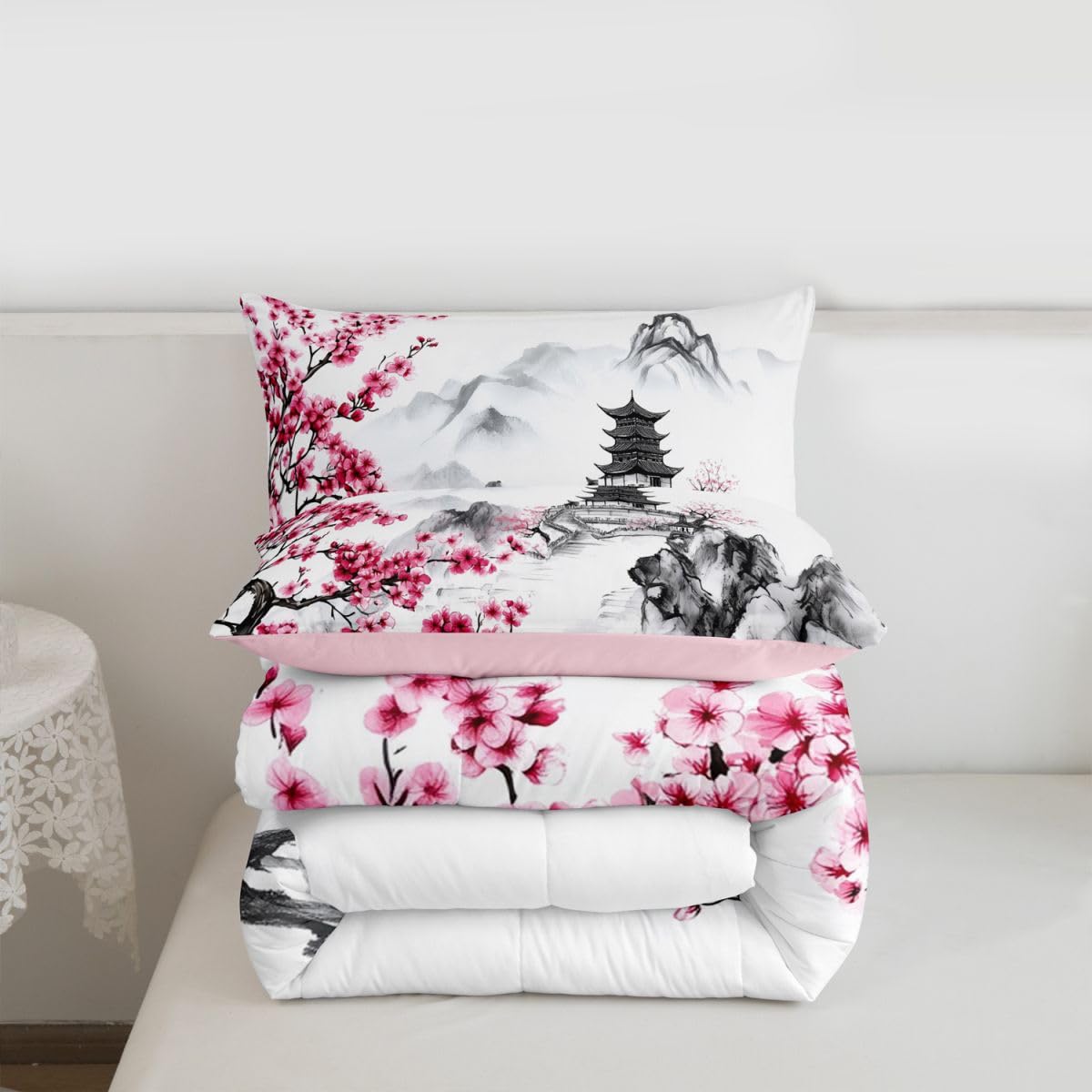 jejeloiu Chinese Ink Painting Comforter Set Queen Size Japanese Style Bedding Set for Kids Boys Girls Cherry Blossom Duvet Quilt Mountain Bedroom Decor Microfiber 3 Pcs with 2 Pillow Cases