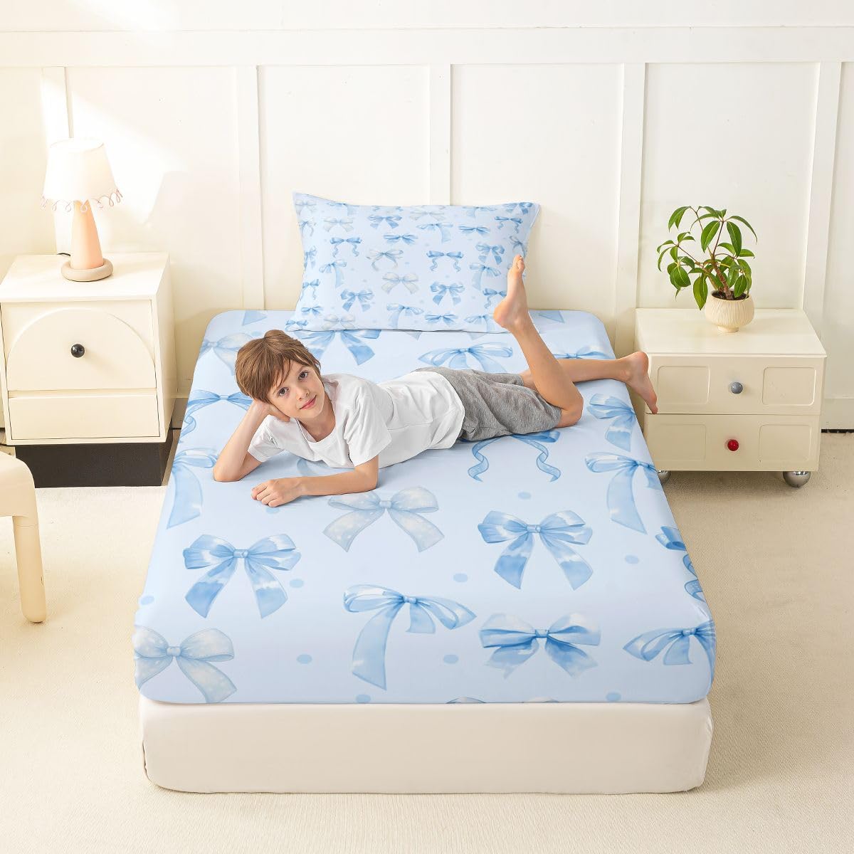 jejeloiu Cute Blue Bow Fitted Sheet with 1 Pillowcase Twin Size Ribbon Bow Knot Bed Sheets Set 16" Deep Pocket Boys Girls Dreamy Princess Bowknot Bedding Teens Bedroom Decor Breathable