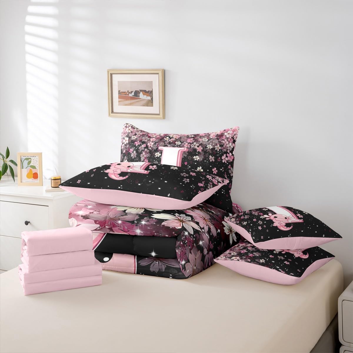 Erosebridal Japanese Cherry Blossom Bedding Set (Twin Size,7 Pieces) Cute Initial Axolotl Comforter Set with Sheets for Teen Girl Pink Axolotl Bed in A Bag with Letter I Design Monogram Duvet Insert