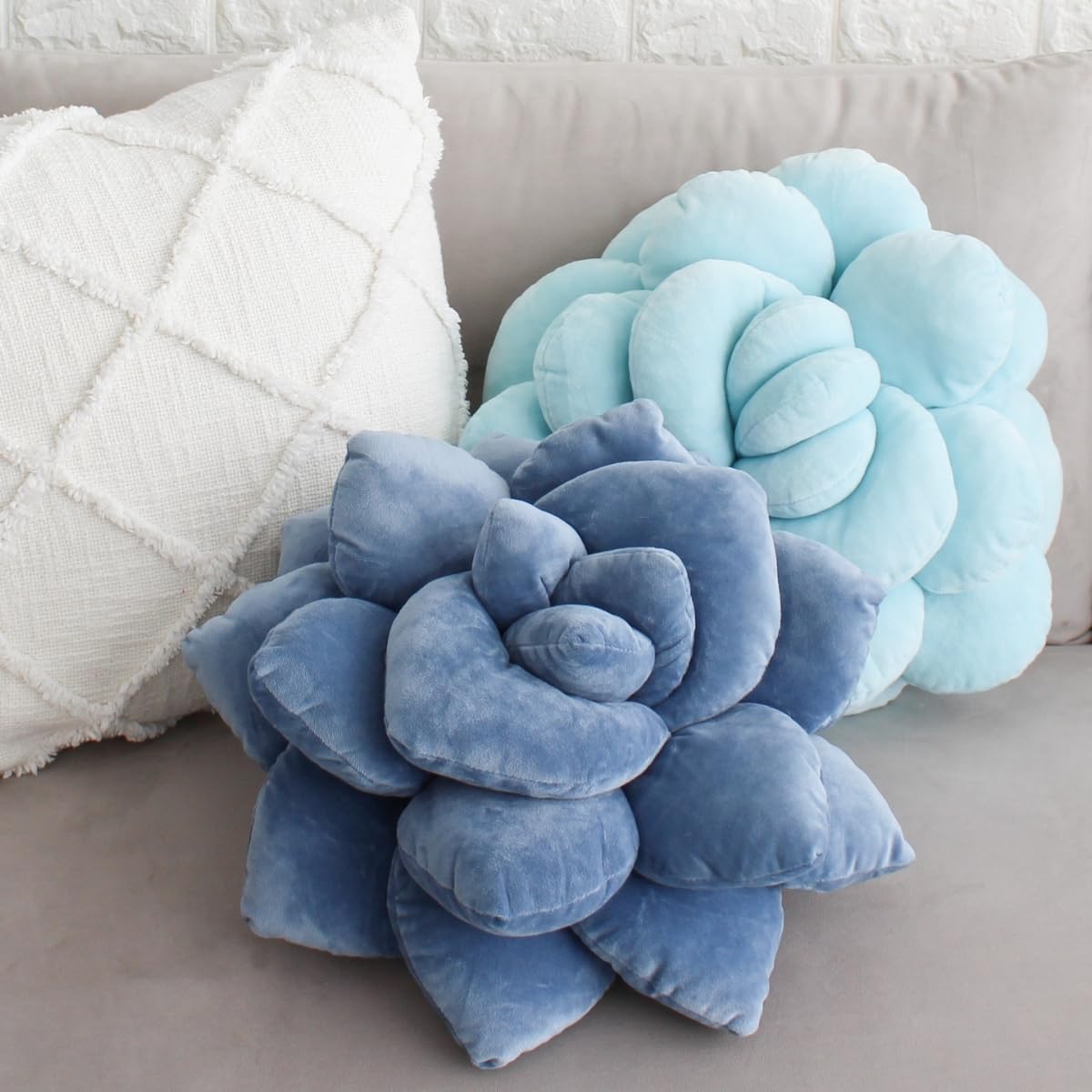 Green Philosophy Co. Succulent® Pillow 16" - Soft 3D Decorative Flower Throw Pillow, Unique Smokey Blue Plush Flower Cushion, Perfect for Couch, Sofa, Bedroom Decor, Gift for Plant Lovers