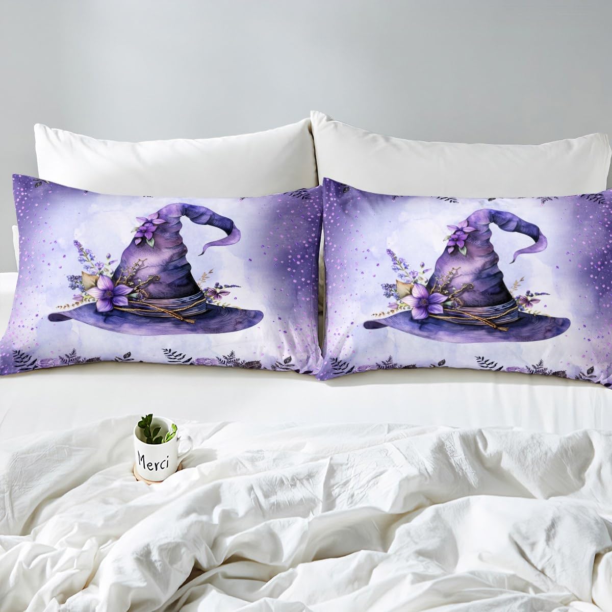 Romantic Purple Fitted Sheet Queen Size,Kids Party Halloween Theme Soft Bed Cover(1 Fitted Sheet+1 Pillow Case),Cartoon Hat Flowers Breathable Mattress Cover