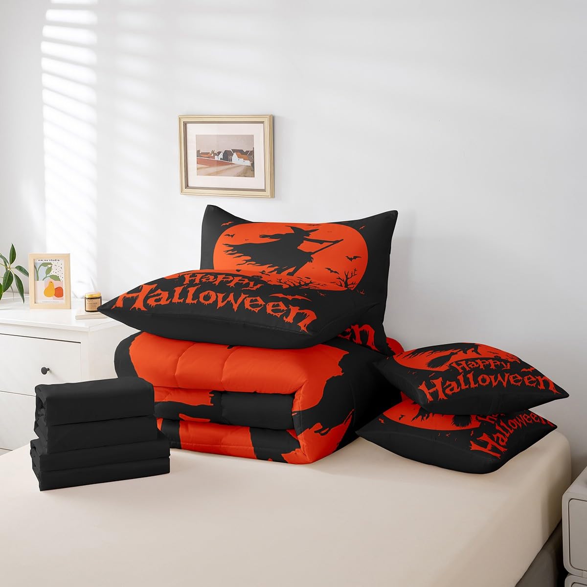 Feelyou Halloween Bed in a Bag Twin Size Witch 7 Piece Bedding Set for Kids Boys Girls Teens Bat Comforter Set with Sheets Pumpkin Bed Set