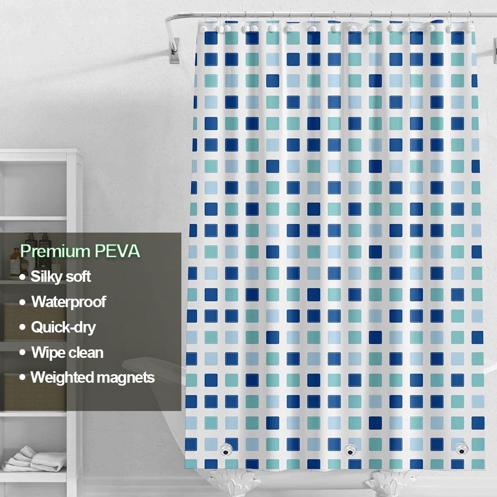Myratts Plastic Shower Liner - Premium PEVA 4G Shower Curtain Liner with Rustproof Grommets and 3 Weighted Magnets, Waterproof Shower Curtains for Bathroom (Blue-Green Square)