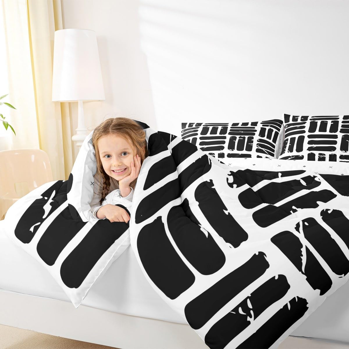 Feelyou Abstract Comforter Set Modern Abstract Art Bedding Set with 2 Pillow Cases White Black Microfiber Kids Full Bedclothes Luxury Bedroom Decor Geometric Duvet Quilt Breathable Soft Lightweight