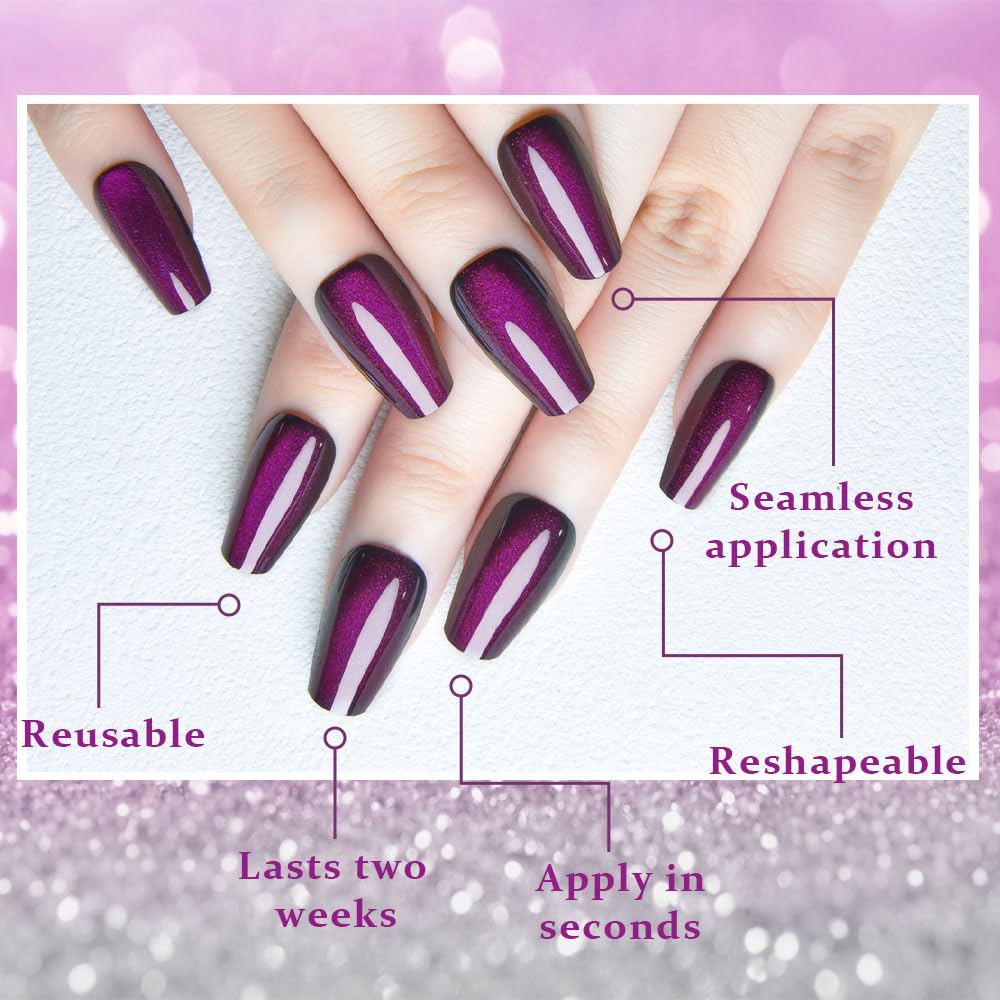 evpct Dark Purple Cat Eye Coffin Press on Nails Medium Square No Glue, Medium Square Stick on Nail for Women, Dark Purple Metallic Glitter Glossy Reusable Soft Press on Acrylic Fake Nail with Design