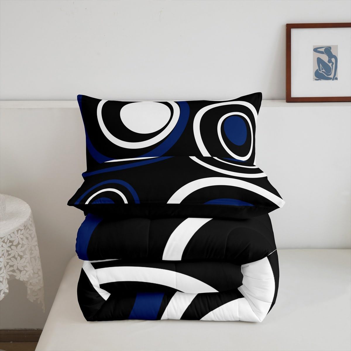 Erosebridal Black Blue Vortex Queen Comforter Set for Adult Women Men Chic Geometric Abstract Mens Bedding Set Striped Aesthetic Circles Bed Set Boho Modern Quilt Set