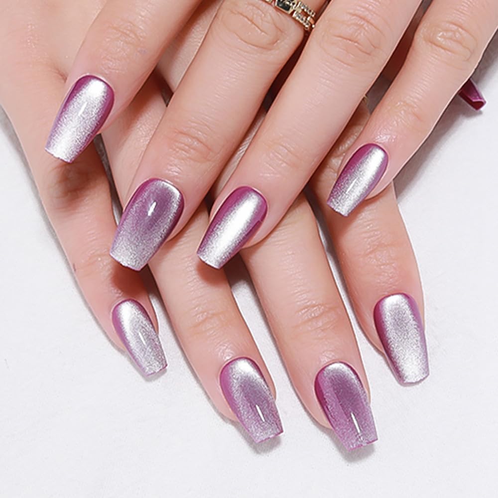 evpct Purple Cat Eye Coffin Press on Nails Medium Square No Glue, Medium Square Stick on Nails for Women Gift, Lavender Purple Metallic Glitter Glossy Reusable Summer Press on Fake Nail with Designs